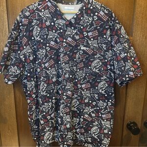 Columbia PFG Vented Navy Short-Sleeve Button-Down with Red & White Graphic Print